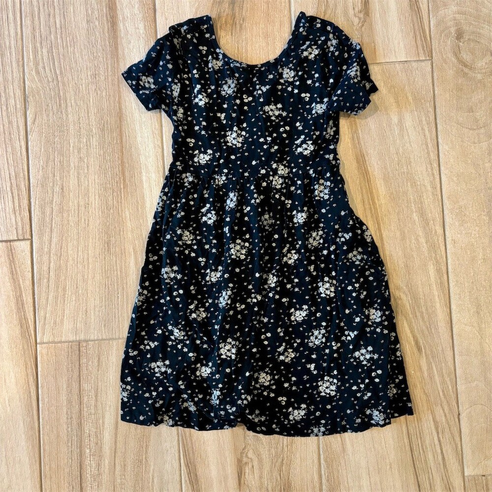 Old Navy Dress Girls Size L Black Ditzy Floral Fit & Flare Knee Short